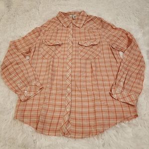Joie Orange and White Plaid Long Sleeve Lightweight Button Down Shirt